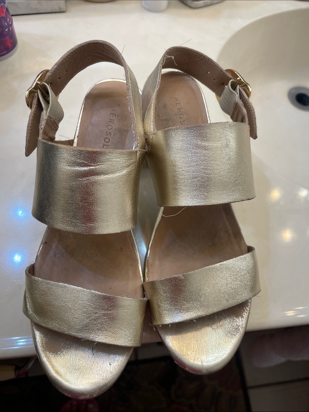 AEROSOLES Metallic Gold Double-Strap Slingback Sandals